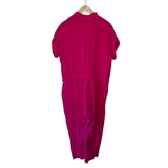 BISCOTE 100% Linen Tie Waist Short Sleeve One Piece Jumpsuit Size M/L - Picture 2 of 6